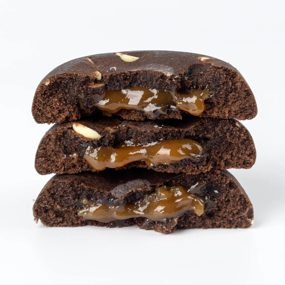 Rich double chocolate cookie with a gooey caramel centre
